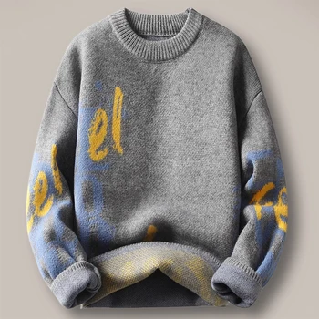 Осенне-зимний Новый мужской пуловер с круглым вырезом, Свитер, Модный однотонный вязаный теплый трикотаж, Мужская брендовая одежда с низом C85