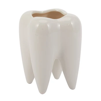 Форма зуба Белый керамический цветочный горшок Современный дизайн Модель плантатора с зубьями Мини Настольный горшок Креативный подарок (без растений)