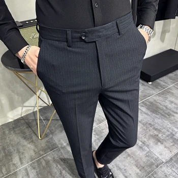 Корейский стиль Модный костюм в полоску Брюки для мужчин официальное деловое платье Брюки Корейский Slim Fit Классические повседневные брюки 36 38