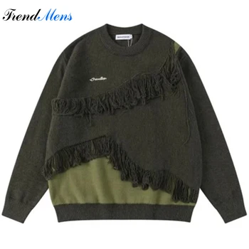 Новый мужской свитер в стиле ретро, подходящий по цвету, Удобная уличная вязка в стиле хип-хоп, Свободный повседневный пуловер с круглым вырезом и длинными рукавами