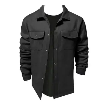 Мужская рубашка на пуговицах, куртка, мужская осенне-зимняя куртка с лацканами, пальто с длинным рукавом, однотонная рубашка, карманы с клапанами для красивых