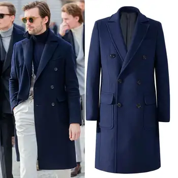 Зимнее мужское пальто Толстая однотонная двубортная длинная куртка Пальто Теплая официальная деловая длинная куртка на заказ