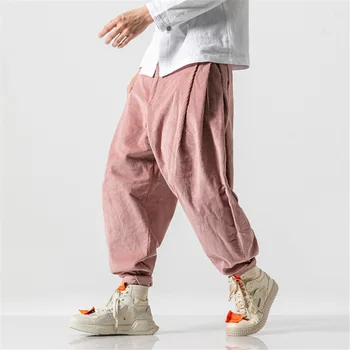 Вельветовые брюки, мужская уличная одежда в стиле хип-хоп, спортивные штаны, Свободные шаровары, однотонные розовые брюки длиной до щиколотки, мужские