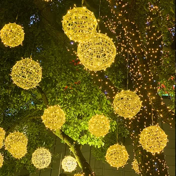 Уличная светодиодная гирлянда 220 В, ротанговый шар, гирлянда из сказочного света, фестивальная вечеринка, Рождественская елка, подвесной светильник, свадебное украшение