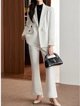 Офисный женский Элегантный деловой формальный блейзер, брючный костюм, женский винтажный шикарный однотонный костюм, куртки и брюки, комплект из 2 предметов, женская одежда
