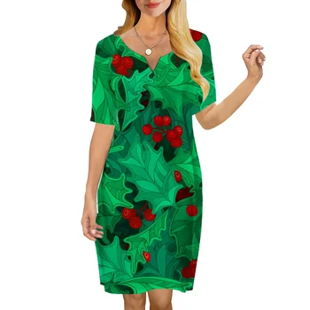 Женское платье CLOOCLL, Vestidos, модная уличная одежда длиной до колен, Элегантное стильное платье, зеленое платье с V-образным вырезом и принтом в виде листьев падуба