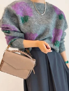 Женский вязаный свитер с круглым вырезом и длинными рукавами, пуловер с цветами, теплый свитер на осень-зиму