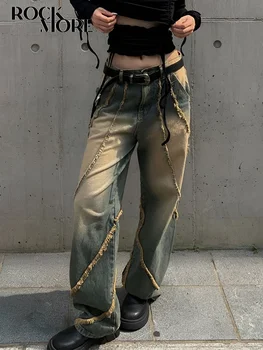 Rockmore Винтажные джинсы в стиле пэчворк, женская уличная одежда, джинсовые брюки с низкой талией, джинсовые брюки Y2K, 90-е Гранжевые Fairycore