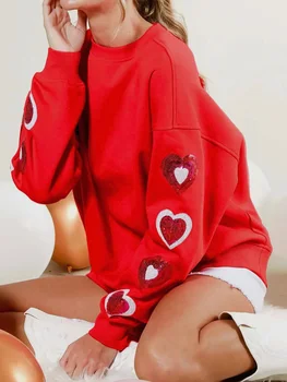 Толстовка на День Святого Валентина для женщин, Забавный пуловер с изображением сердца любви, топы, блестящая рубашка с длинным рукавом и круглым вырезом, топы
