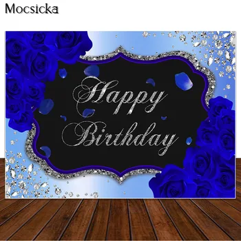 Синий цветочный фон для декора вечеринки по случаю Дня рождения с бриллиантами для девочек и взрослых женщин, фон для фото на день рождения, баннер для десертного стола