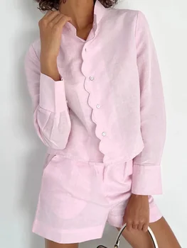 Повседневные летние комплекты розовых льняных шорт Для женщин, 2 предмета, Элегантные топы с длинным рукавом и воротником-стойкой, модные шорты с эластичной резинкой на талии, костюм