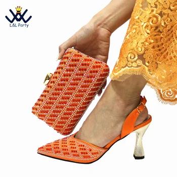 2024 Топовый бренд, комплект итальянской дизайнерской обуви и сумки для африканских женщин, туфли-лодочки на высоком каблуке оранжевого цвета высокого качества