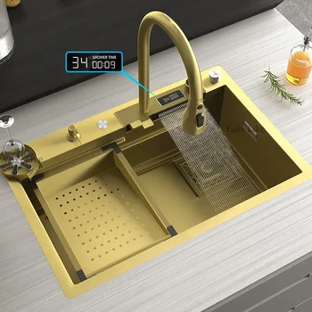 Золотая Кухонная раковина с водопадом из нержавеющей стали, Золотой умывальник с одной чашей и водопадным краном, многофункциональный бассейн для мытья посуды