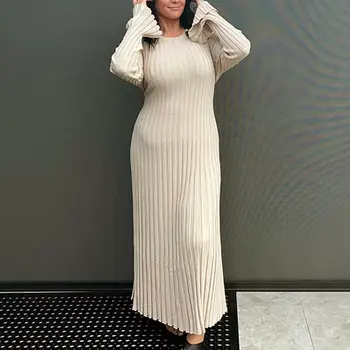 Элегантное Трикотажное плиссированное платье Макси с круглым вырезом и длинным рукавом, приталенное Коктейльное платье для свадебной вечеринки для женщин