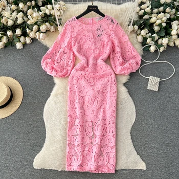 SuperAen Мода 2023 Осень Высококачественная тяжелая промышленность Кружевное длинное платье с вышивкой в виде пузырей для женщин