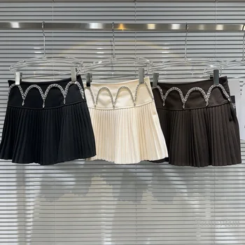 2023, Зимняя однотонная плиссированная юбка, Женский Новый классический стиль, Волнистая цепочка со стразами, Шерстяная юбка с высокой талией, универсальная короткая юбка
