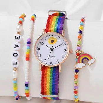 Модные роскошные женские кварцевые часы, женские наручные часы с тканевым поясом цвета радуги, стильное платье Reloj Mujer