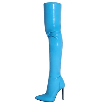 Модные женские сапоги выше колена на шпильке с острым носком в западном стиле, синие кожаные Сапоги до бедра на высоком каблуке, клубные модельные туфли Botas