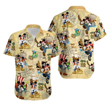 Гавайская рубашка в радужную полоску с Микки Маусом, мужская женская рубашка с коротким рукавом, гавайская рубашка Disney, повседневная пляжная рубашка для мужчин