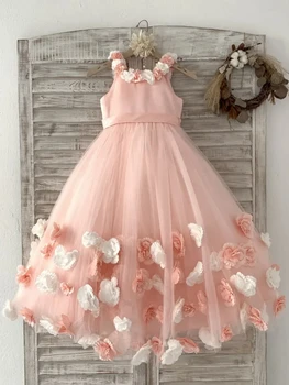 Платья для девочек-цветочниц из розового тюля с пышным цветочным вырезом и 3D цветами без рукавов для свадьбы, дня рождения, банкета, платьев принцессы