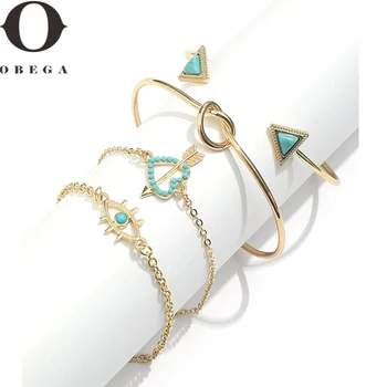 Obega, 4 шт., набор браслетов-манжет, браслеты для женщин, натуральный полудрагоценный камень, кристалл в форме сердца, золотой браслет, набор браслетов