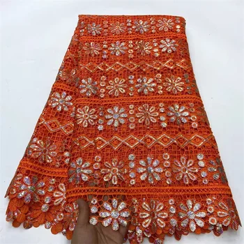 Фиолетовая Африканская водорастворимая кружевная ткань с блестками 2024 оранжевого цвета, высококачественная Нигерийская кружевная ткань 5 ярдов для свадебных платьев