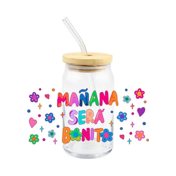 Модная цветочная УФ-наклейка для переноса DTF Manana Sera Bonito Для обертывания чашки, Водонепроницаемые наклейки на заказ, высокая термостойкость