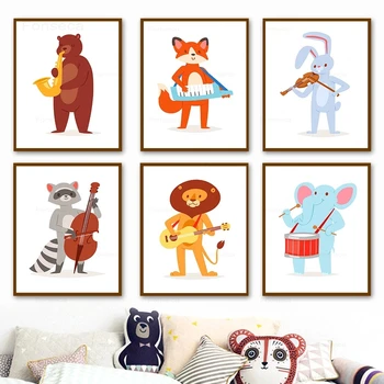Постер с мультяшными животными, играющими музыку, Милый Медведь, Лев, Кролик, Лиса, Слон, Енот, картина на холсте, декор детской комнаты, настенные панно
