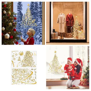 Золотая Рождественская елка, наклейки на окна, стекло, статичная настенная роспись на окнах, дверях, съемные наклейки на стены, большие наклейки