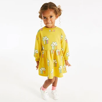 Милое желтое платье для девочек, хлопковая одежда с длинными рукавами для малышей, осенне-весенняя детская одежда