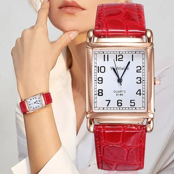 Модные Роскошные кожаные квадратные часы для женщин, розовое золото, женские наручные часы Dail, повседневные женские кварцевые часы Montre Femme